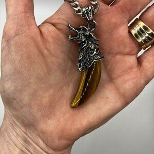 Tiger Eye Gemstone Tusk AND Men's Chunky 20 inch Stainless Steel Chain